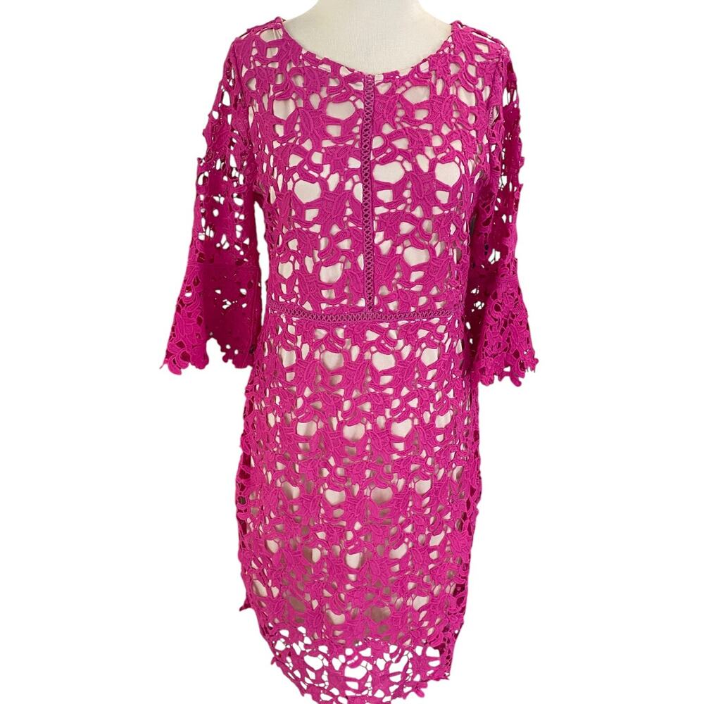 Ryan Michelle Womens M Fuschia Lace Overlay Lined Sheath Midi Floral Dress EUC